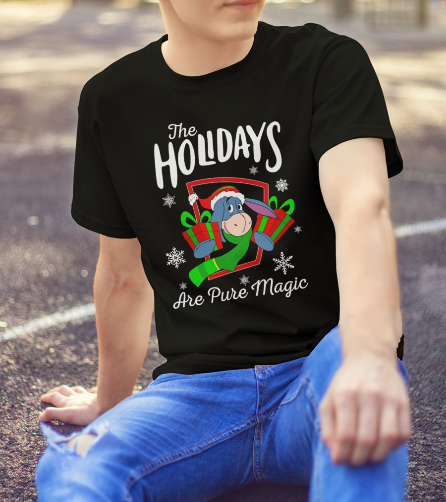 The Holidays Are Pure Magic Eeyore Wearing Santa Hat And Scarf Snowflakes And Presents T-Shirt