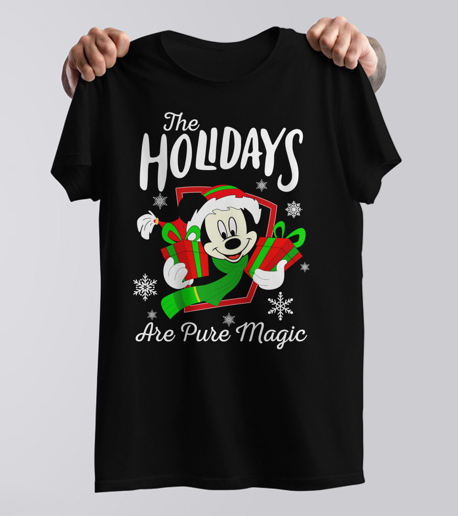 The Holidays Are Pure Magic Mickey Mouse Holding Gifts Snowflakes T-Shirt
