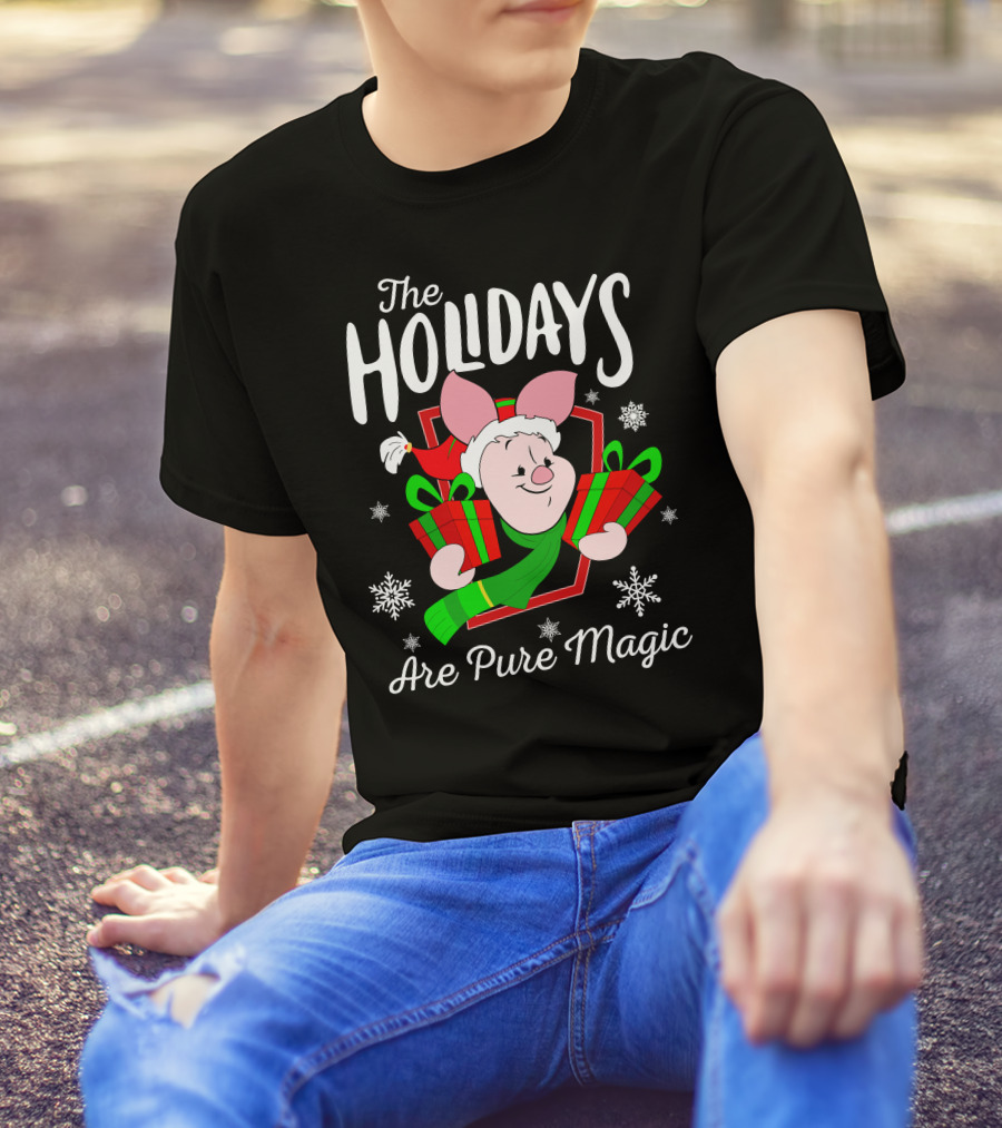 The Holidays Are Pure Magic Piglet Snowflakes Presents Santa Hat T-Shirt
