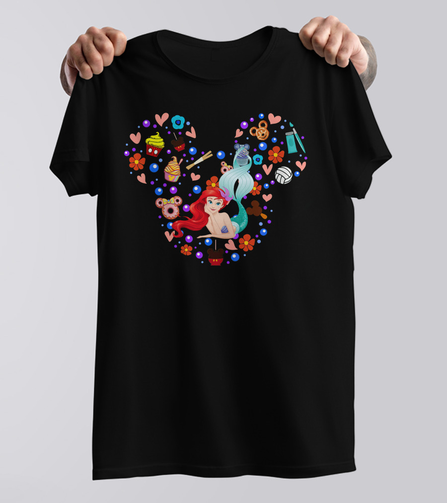Ariel Little Mermaid Disney Happy Snacks Hearts Flowers Icons T-Shirt
