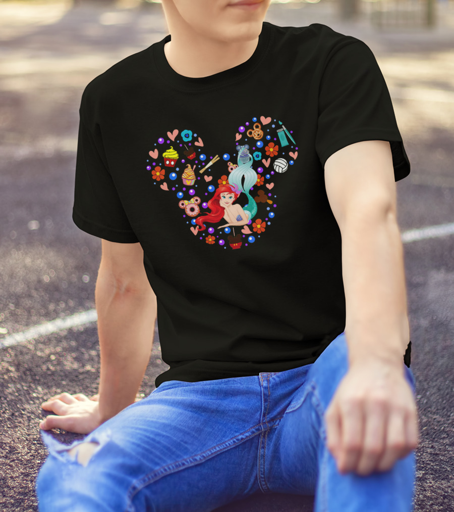 Ariel Little Mermaid Disney Happy Snacks Hearts Flowers Icons T-Shirt