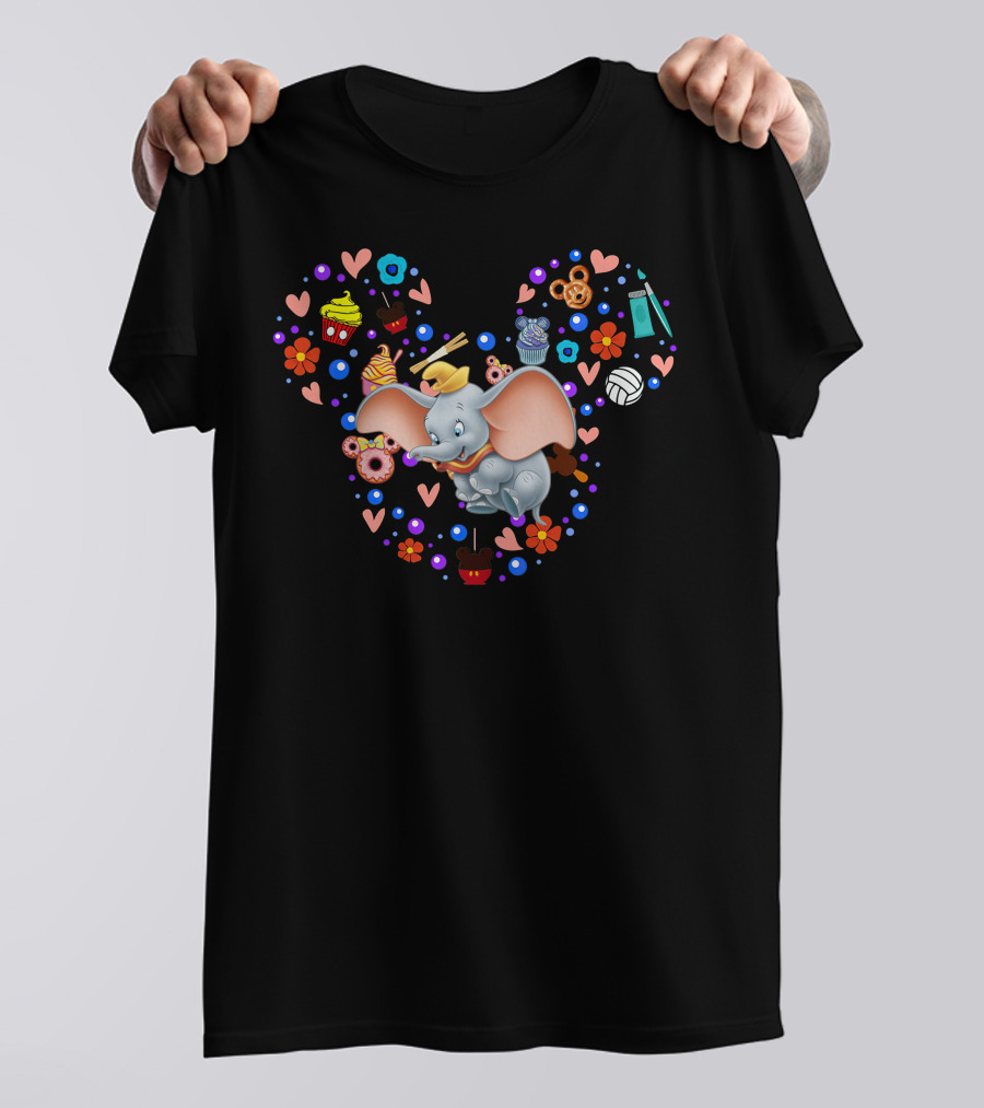 Dumbo With Mickey Mouse Icon And Colorful Desserts And Flowers T-Shirt