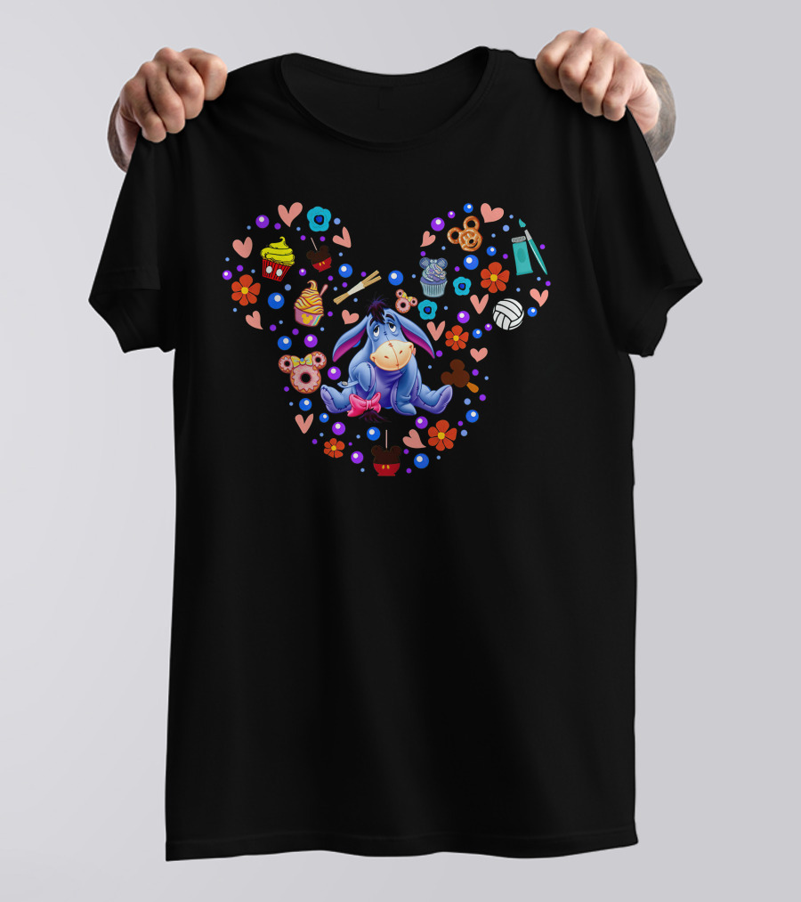 Eeyore Surrounded By Colorful Hearts And Treats In Iconic Mouse Head Shape T-Shirt