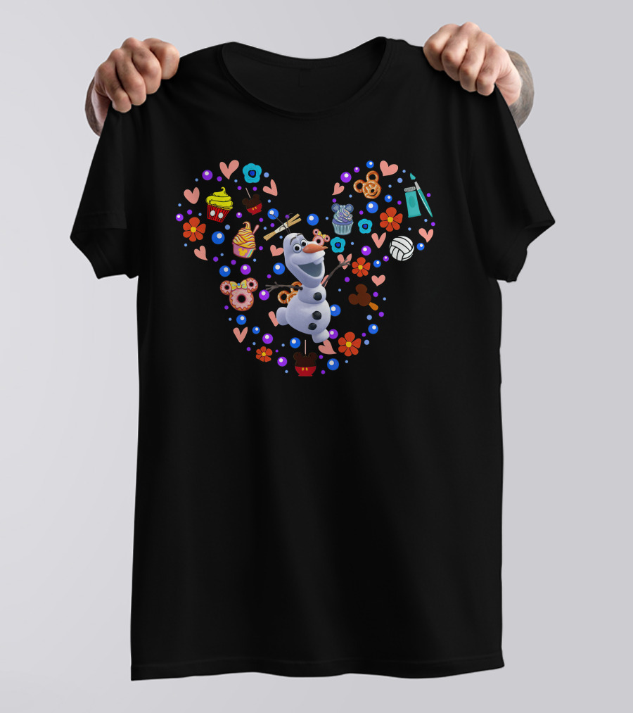 Olaf Frozen Character Surrounded By Colorful Festive Mickey Mouse Shapes And Treats T-Shirt