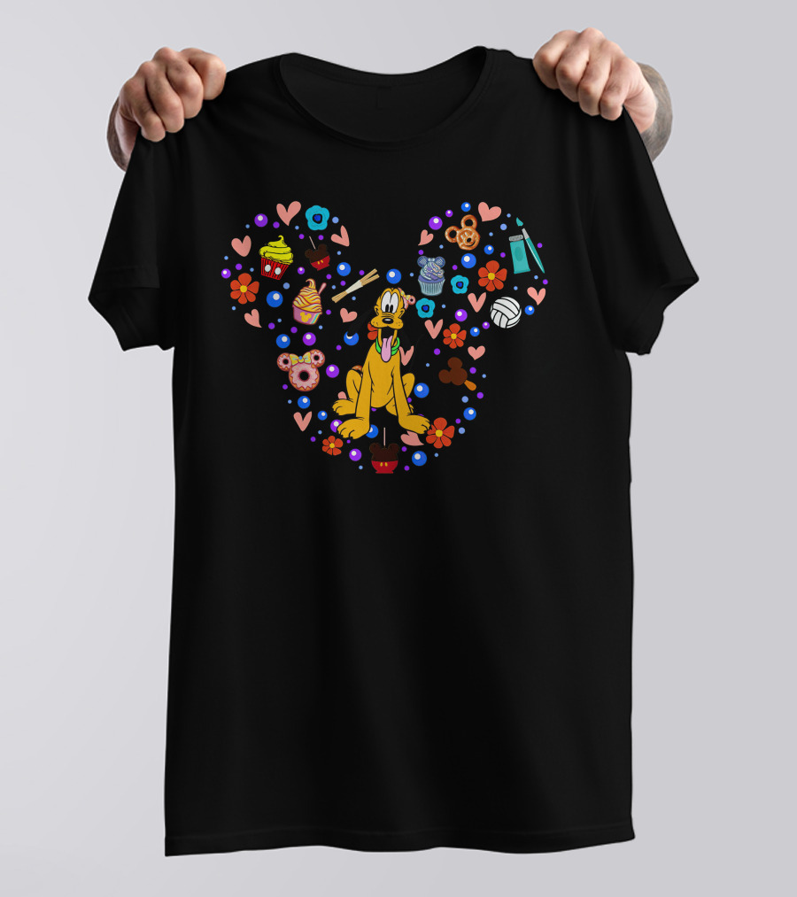 Pluto Surrounded By Hearts Flowers Snacks Mickey Pretzel T-Shirt