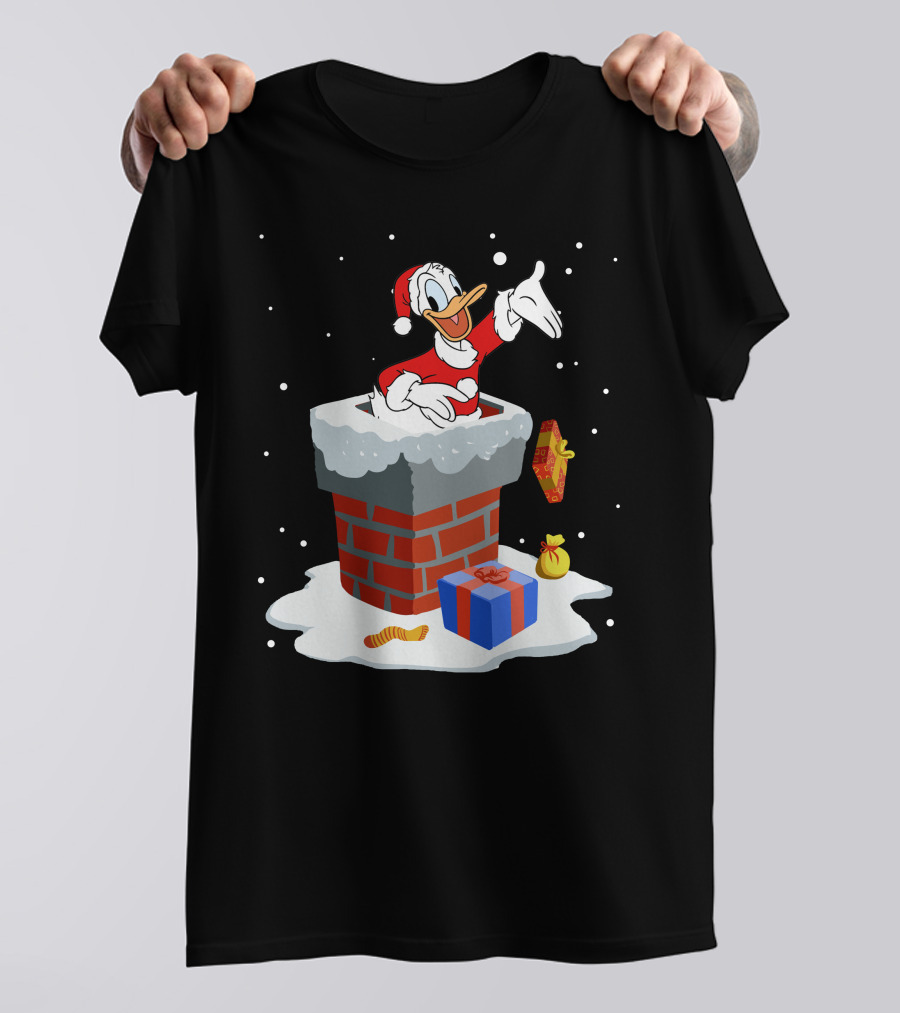 Donald Duck Santa Claus Coming Out Of Chimney With Christmas Gifts T-Shirt