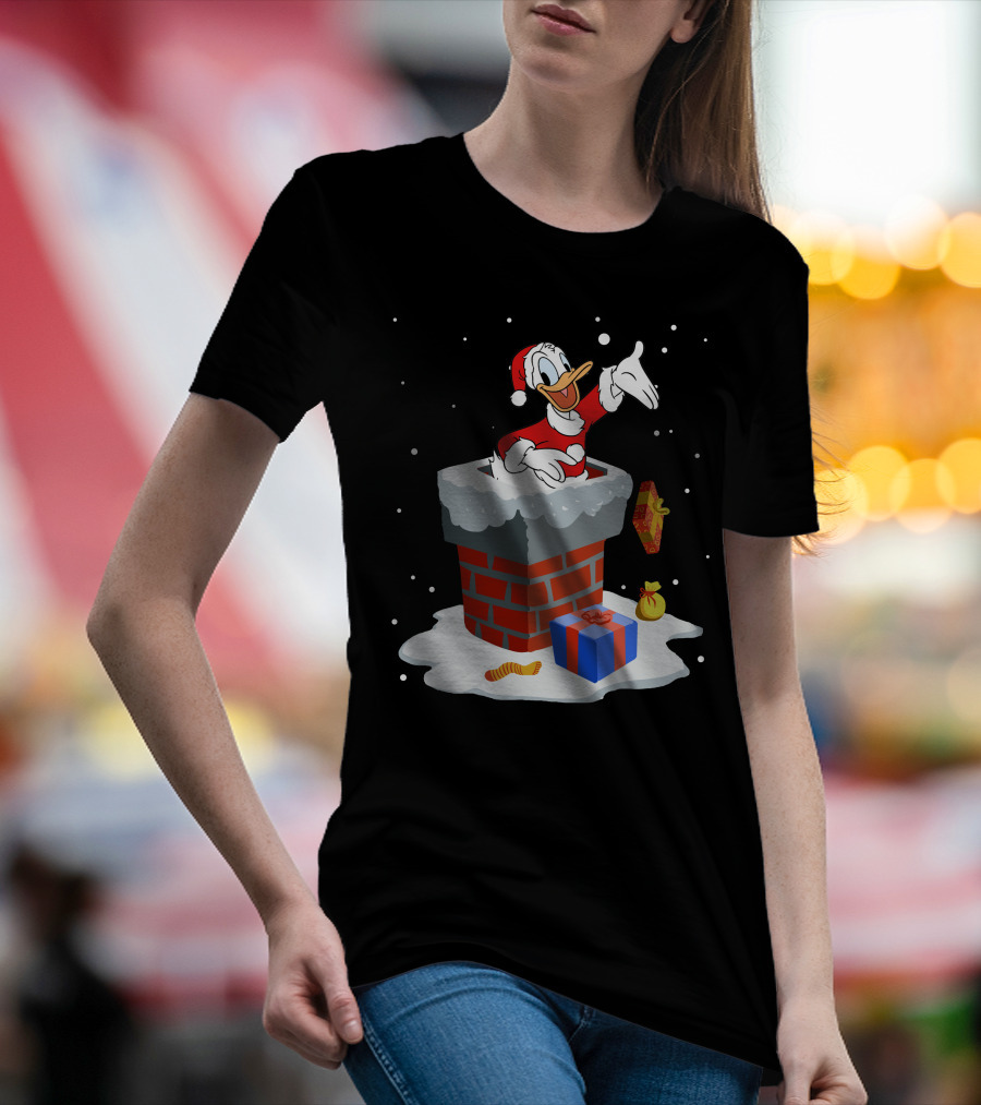 Donald Duck Santa Claus Coming Out Of Chimney With Christmas Gifts T-Shirt