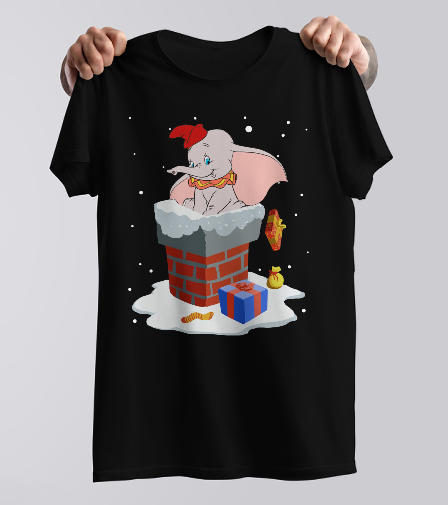 Dumbo Christmas Chimney Scene With Gifts And Snowflakes T-Shirt
