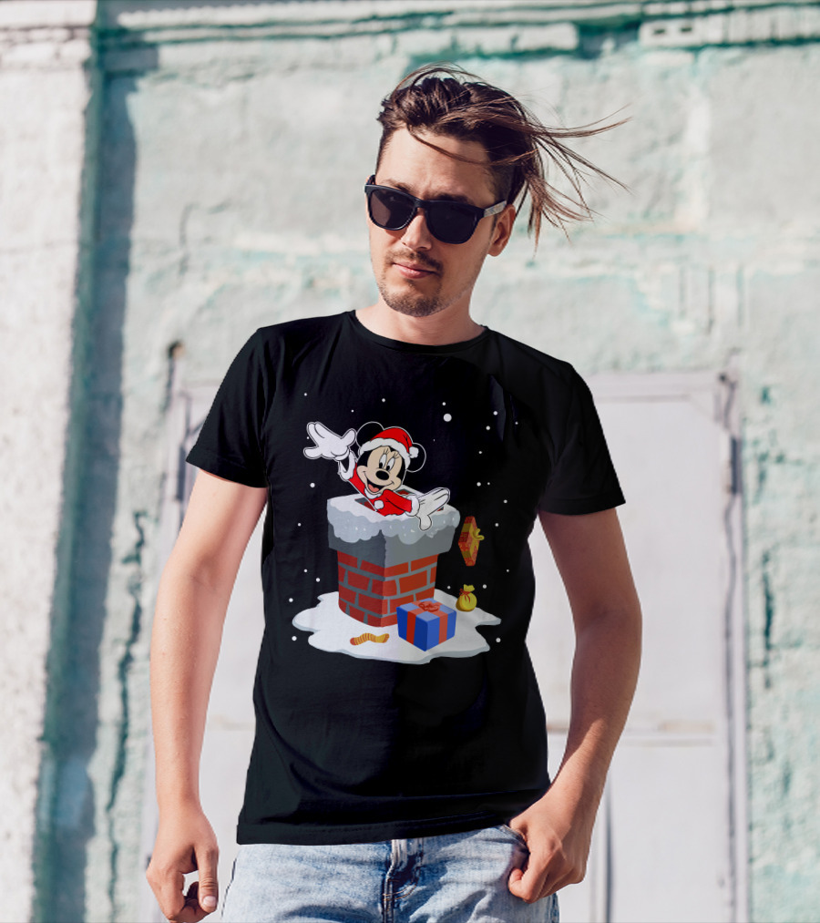 Minnie Mouse Santa In Chimney With Christmas Gifts And Snowflakes T-Shirt