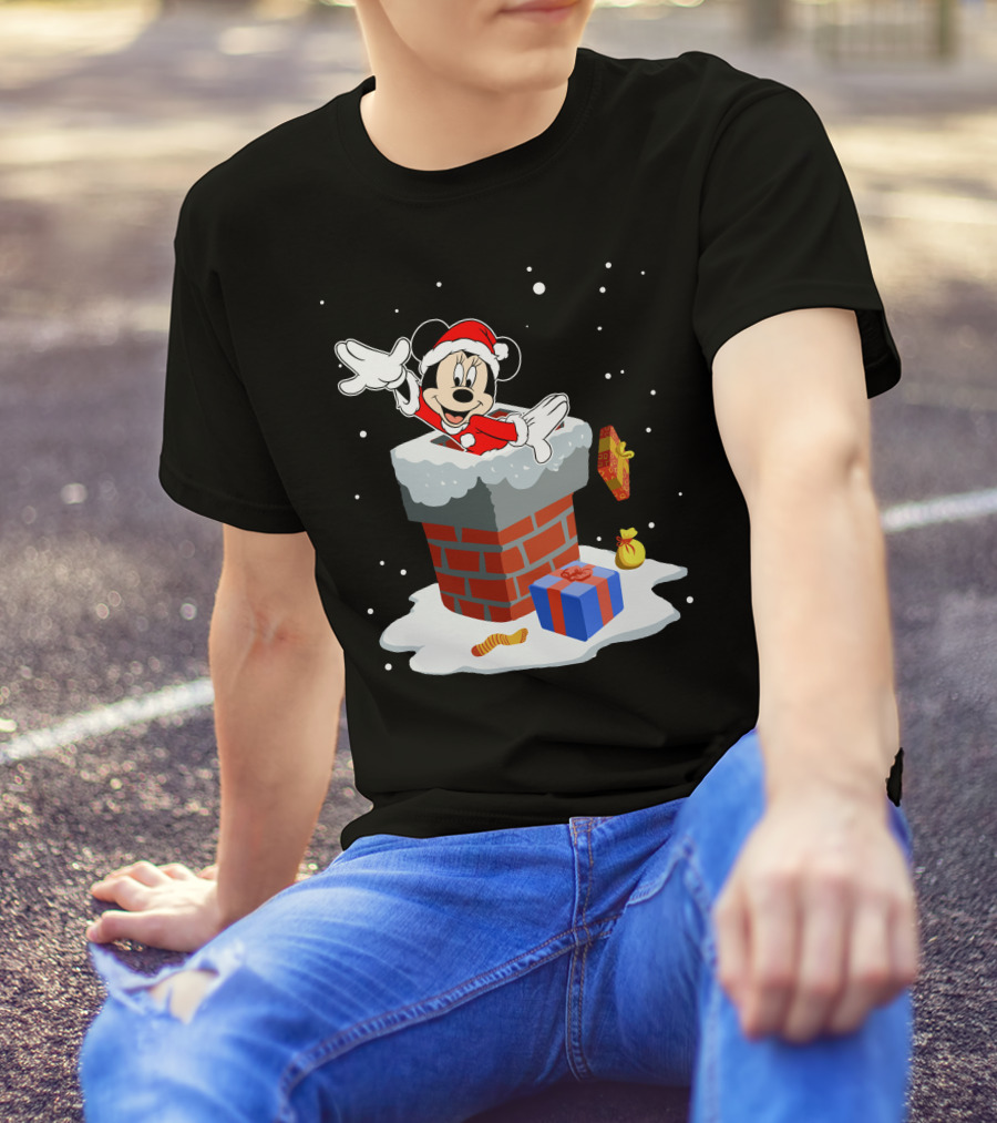 Minnie Mouse Santa In Chimney With Christmas Gifts And Snowflakes T-Shirt