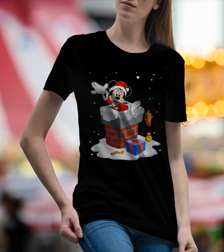 Minnie Mouse Santa In Chimney With Christmas Gifts And Snowflakes T-Shirt