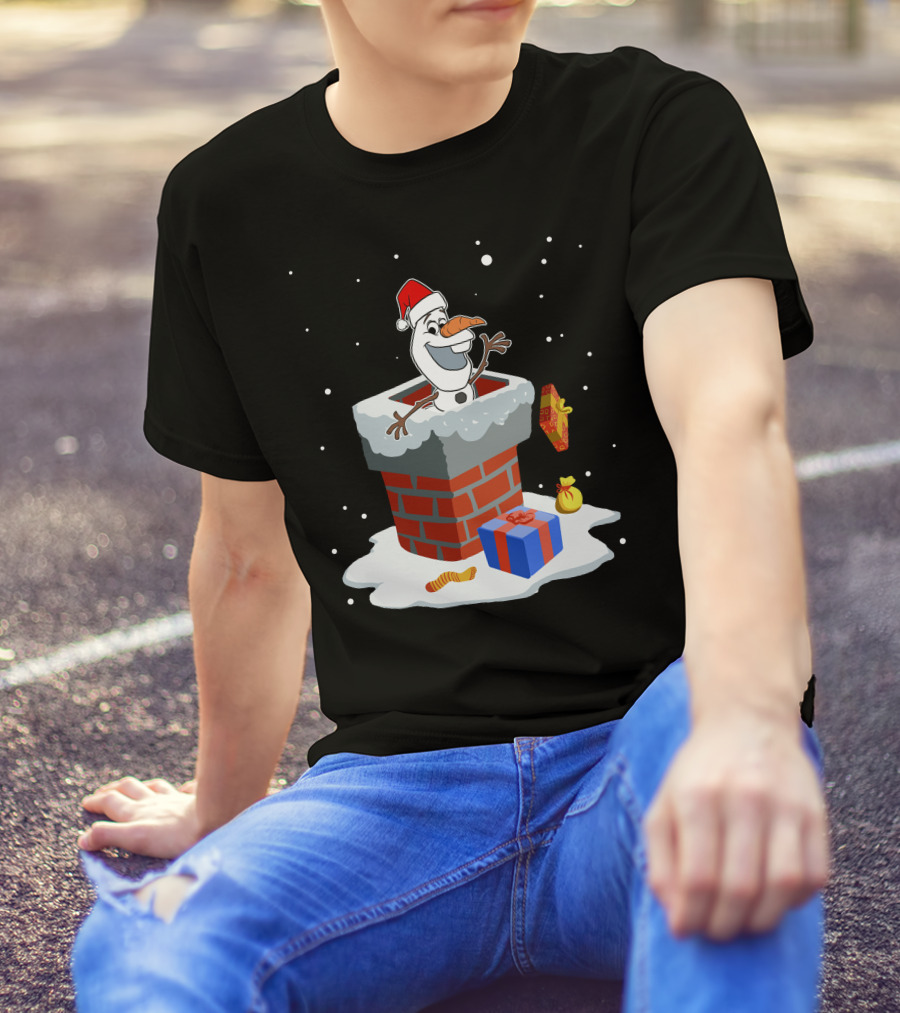 Olaf Christmas Santa Chimney Snowman With Gifts T-Shirt