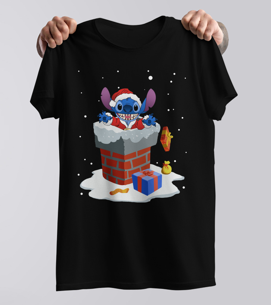 Stitch Santa Chimney Christmas Presents Snowfall T-Shirt