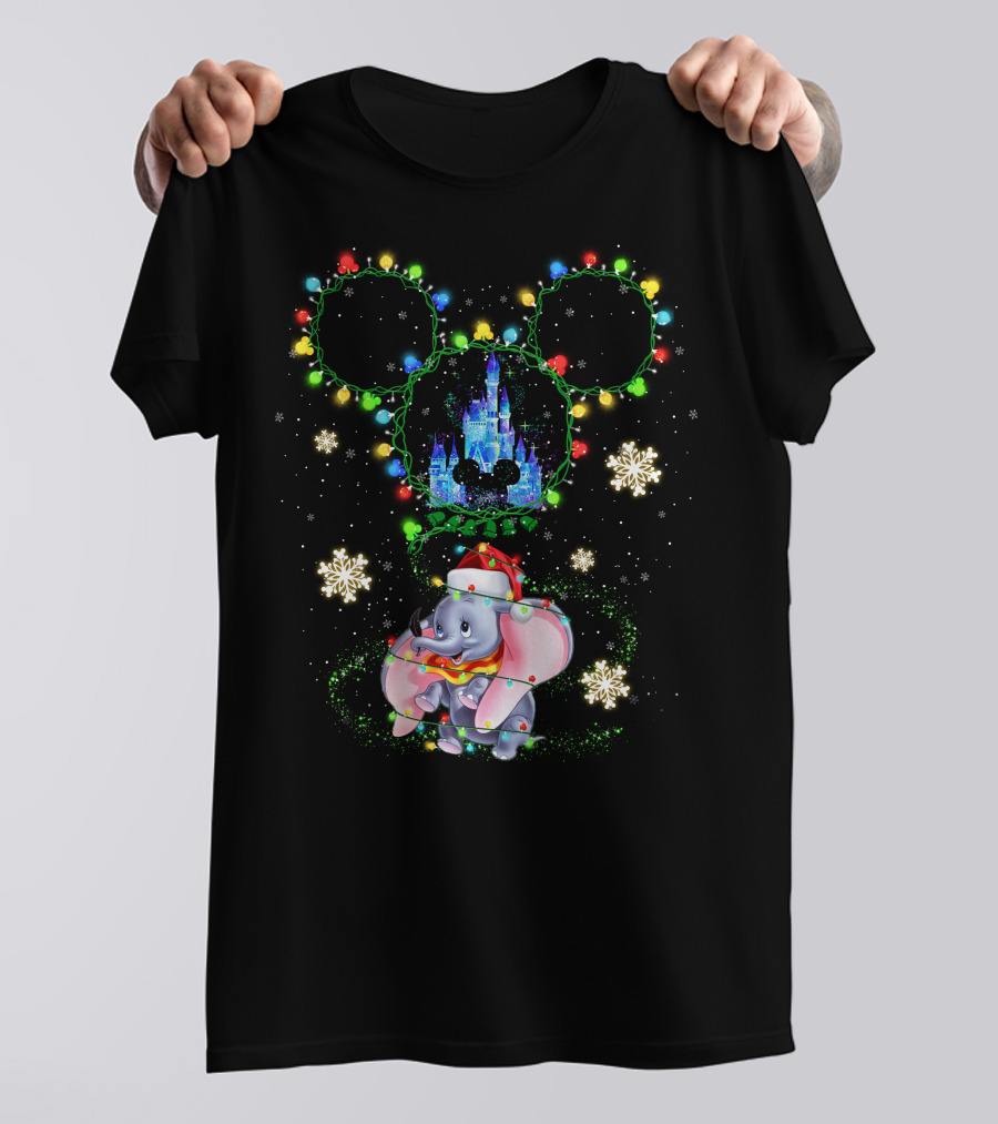 Dumbo Christmas Lights Castle Mickey Ears Snowflakes Disney Holiday T-Shirt