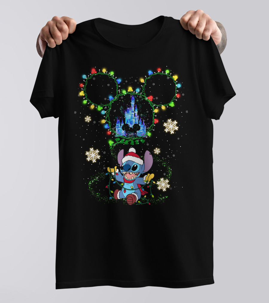 Stitch Christmas Disney Castle Mickey Mouse Ears Holiday Lights Snowflakes T-Shirt