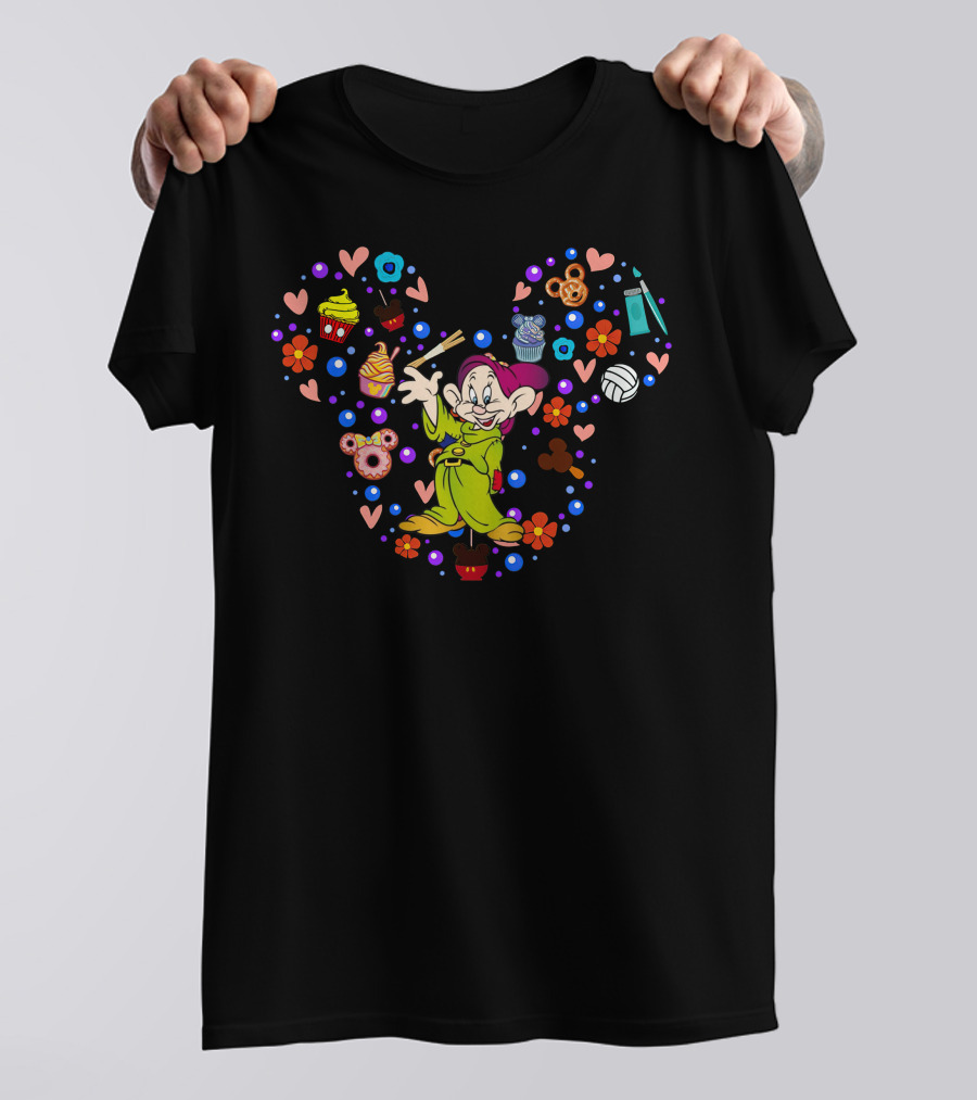 Disney Dopey Heart With Cupcakes And Flowers T-Shirt