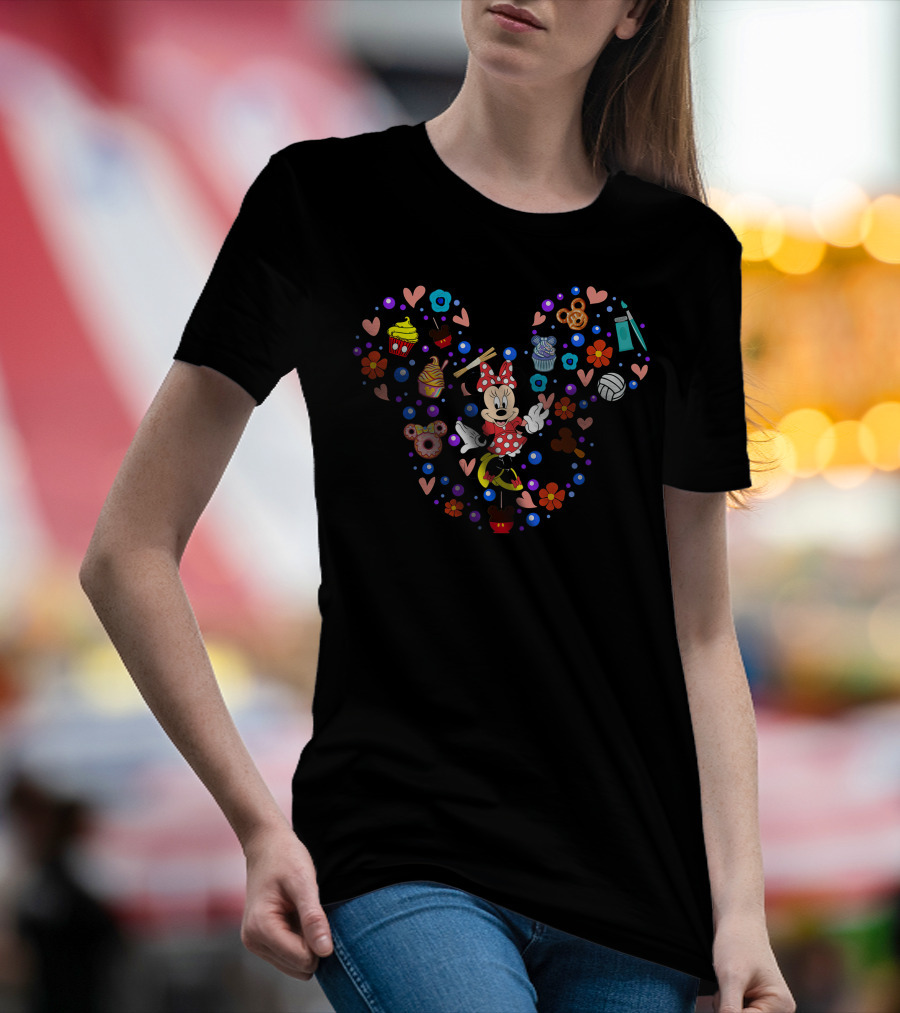 Minnie Mouse Heart Shape With Sweets And Treats Icons T-Shirt