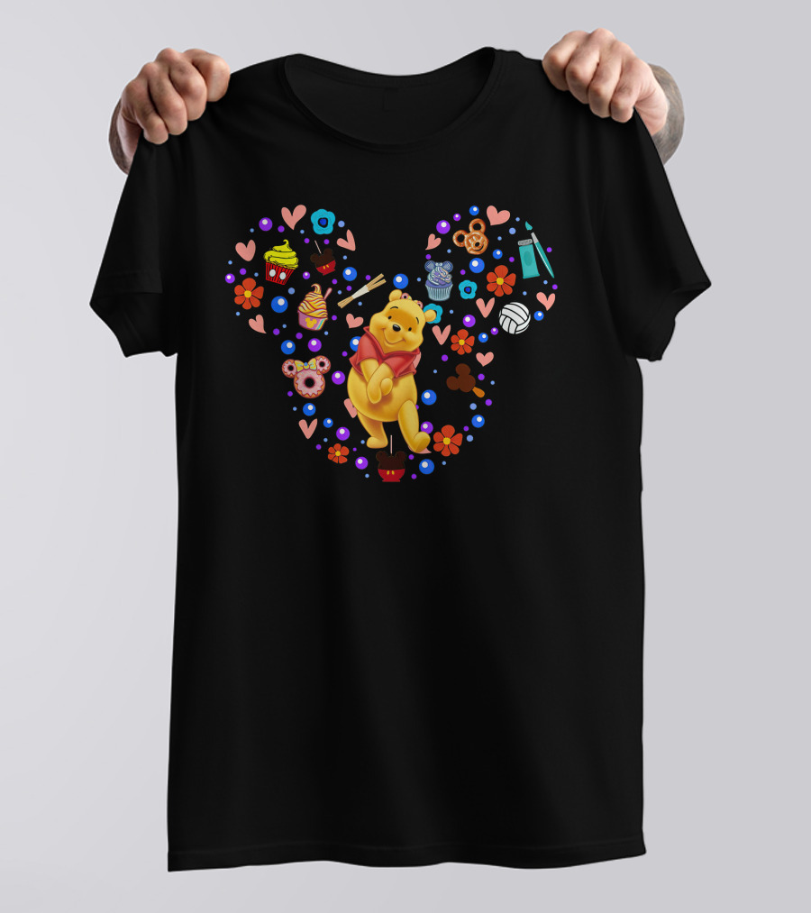 Winnie The Pooh Heart Pattern With Flowers Hearts And Cartoon Snacks T-Shirt