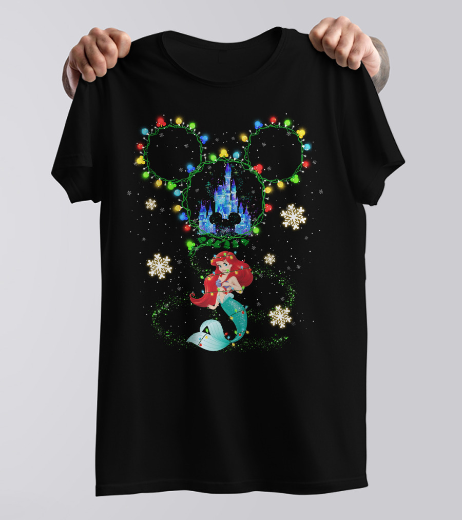 Ariel Disney Holiday Castle Snowflakes Lights T-Shirt