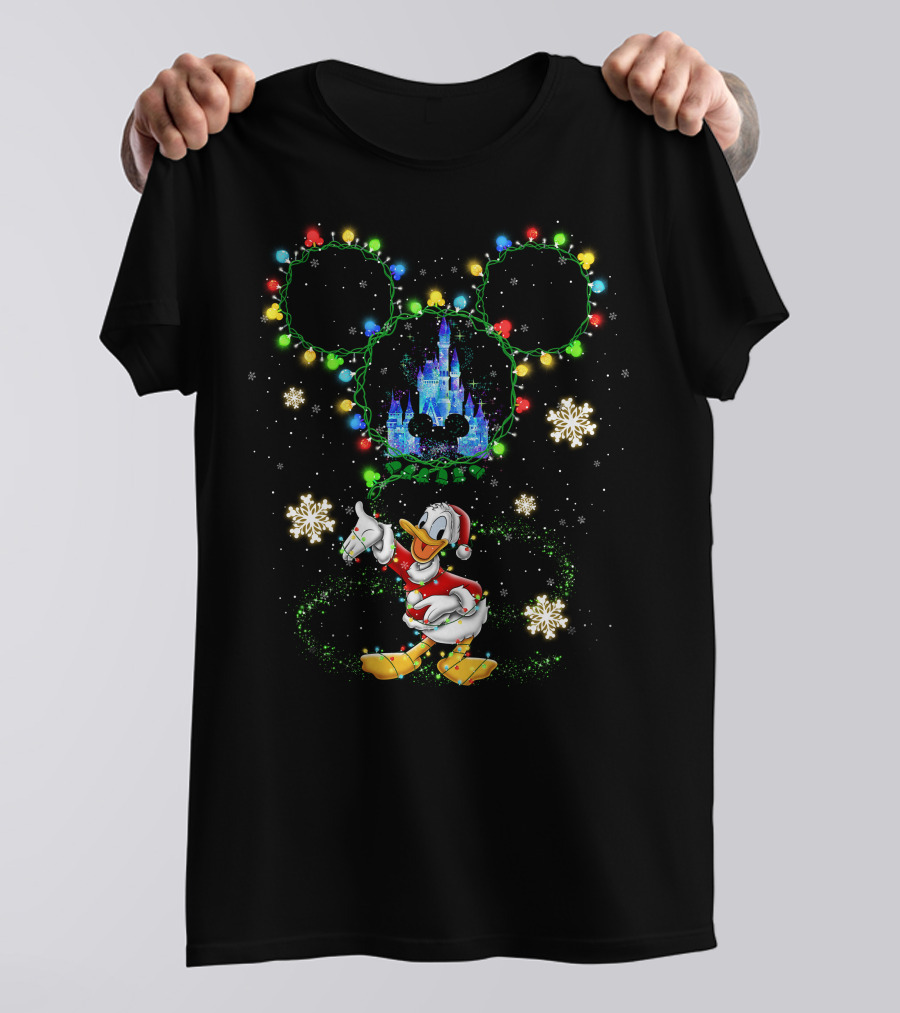 Donald Duck Disney Christmas Castle Snowflakes Lights Mickey Ears T-Shirt