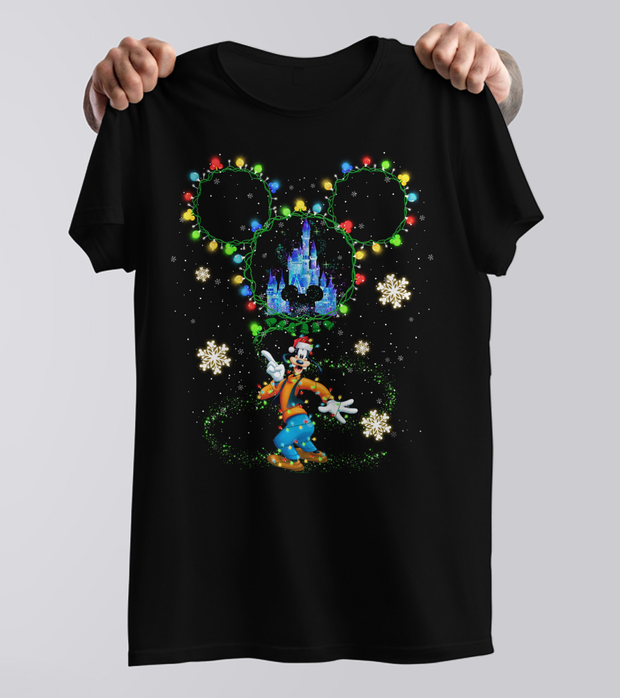 Goofy Castle Mickey Lights Snowflakes Holiday T-Shirt