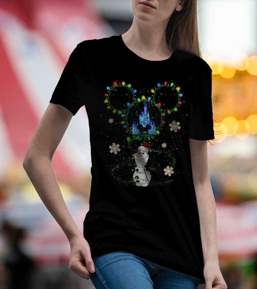 Olaf Christmas Lights Disney Castle With Mickey Ears Snowflakes T-Shirt
