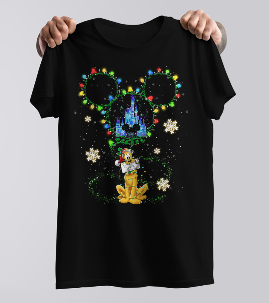 Pluto Santa Christmas Lights Mickey Head Castle Snowflakes T-Shirt