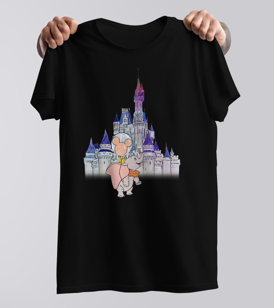 Dumbo With Mickey Balloon In Front Of Disney Castle T-Shirt