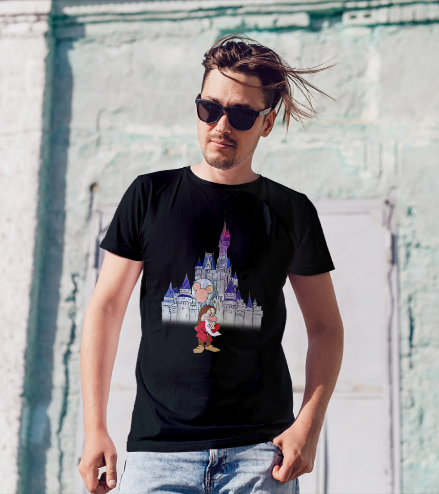 Grumpy Dwarf With Mickey Balloon At Disney Castle T-Shirt