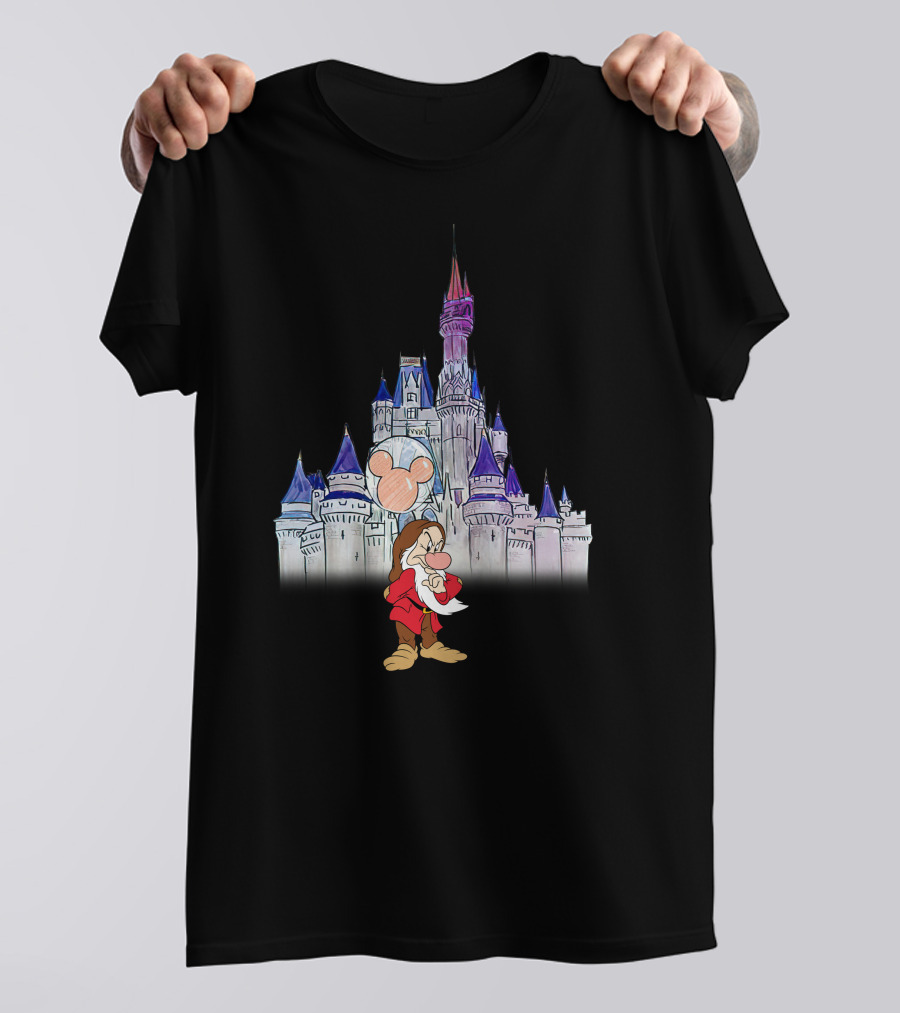 Grumpy Dwarf With Mickey Balloon At Disney Castle T-Shirt