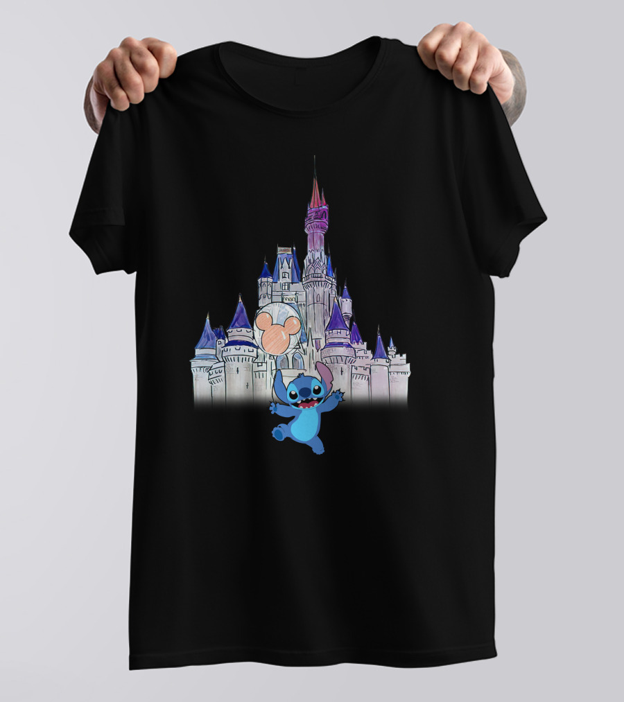 Stitch At Enchanted Disney Castle With Mickey Balloon T-Shirt