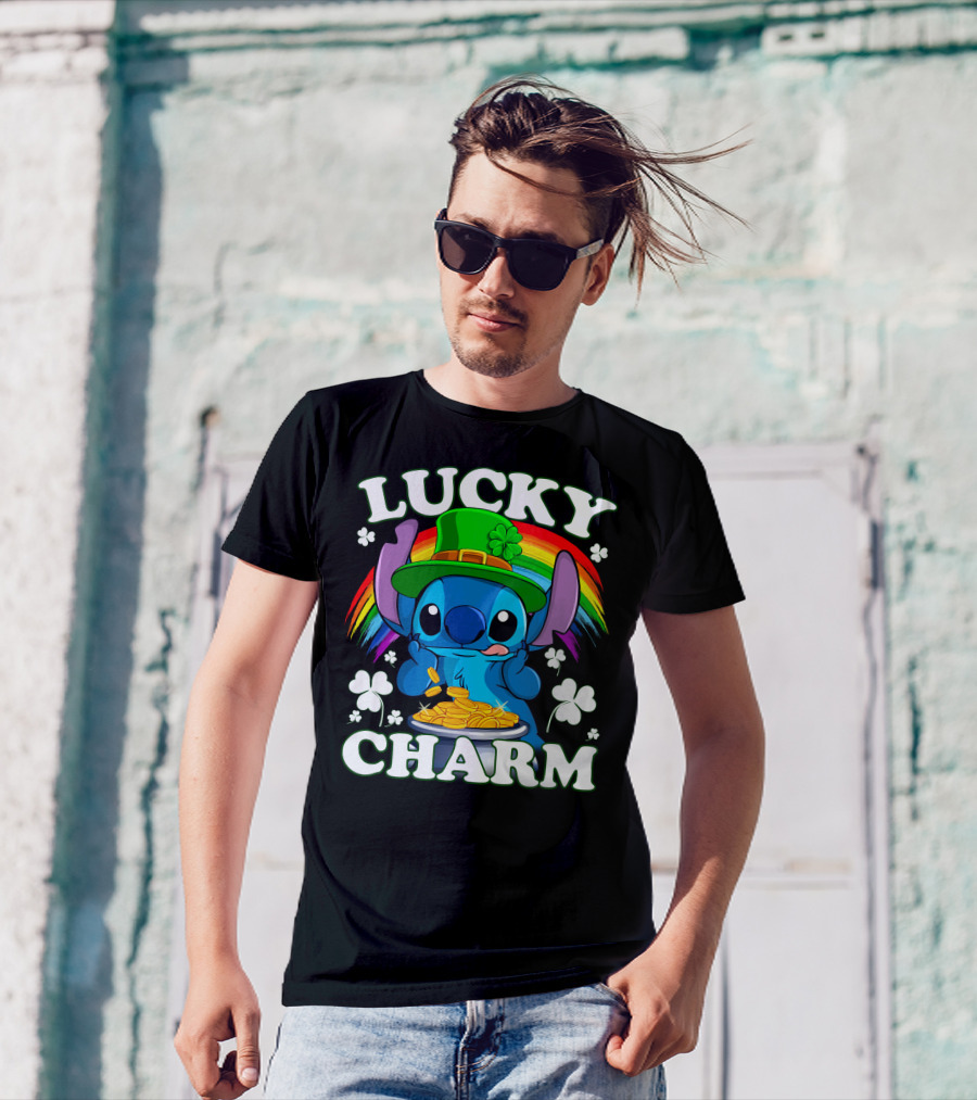 Stitch Lucky Charm Leprechaun Rainbow And Gold Coins T-Shirt