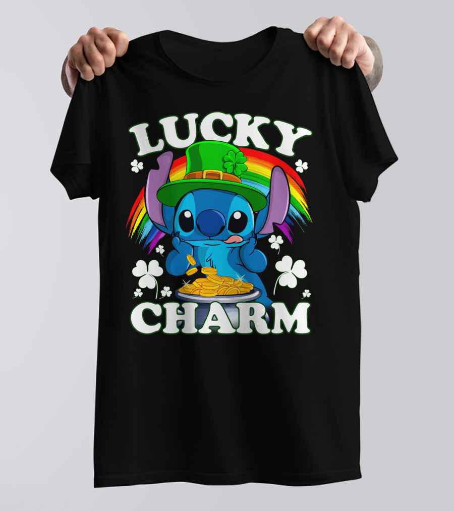 Stitch Lucky Charm Leprechaun Rainbow And Gold Coins T-Shirt