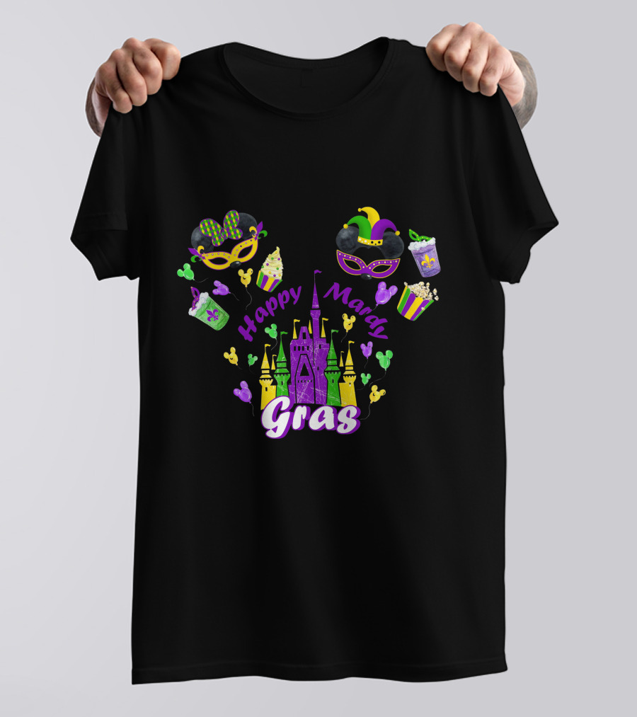 Happy Mardi Gras Castle Celebration With Mask And Snack Icons T-Shirt