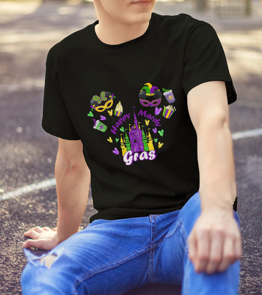 Happy Mardi Gras Castle Celebration With Mask And Snack Icons T-Shirt