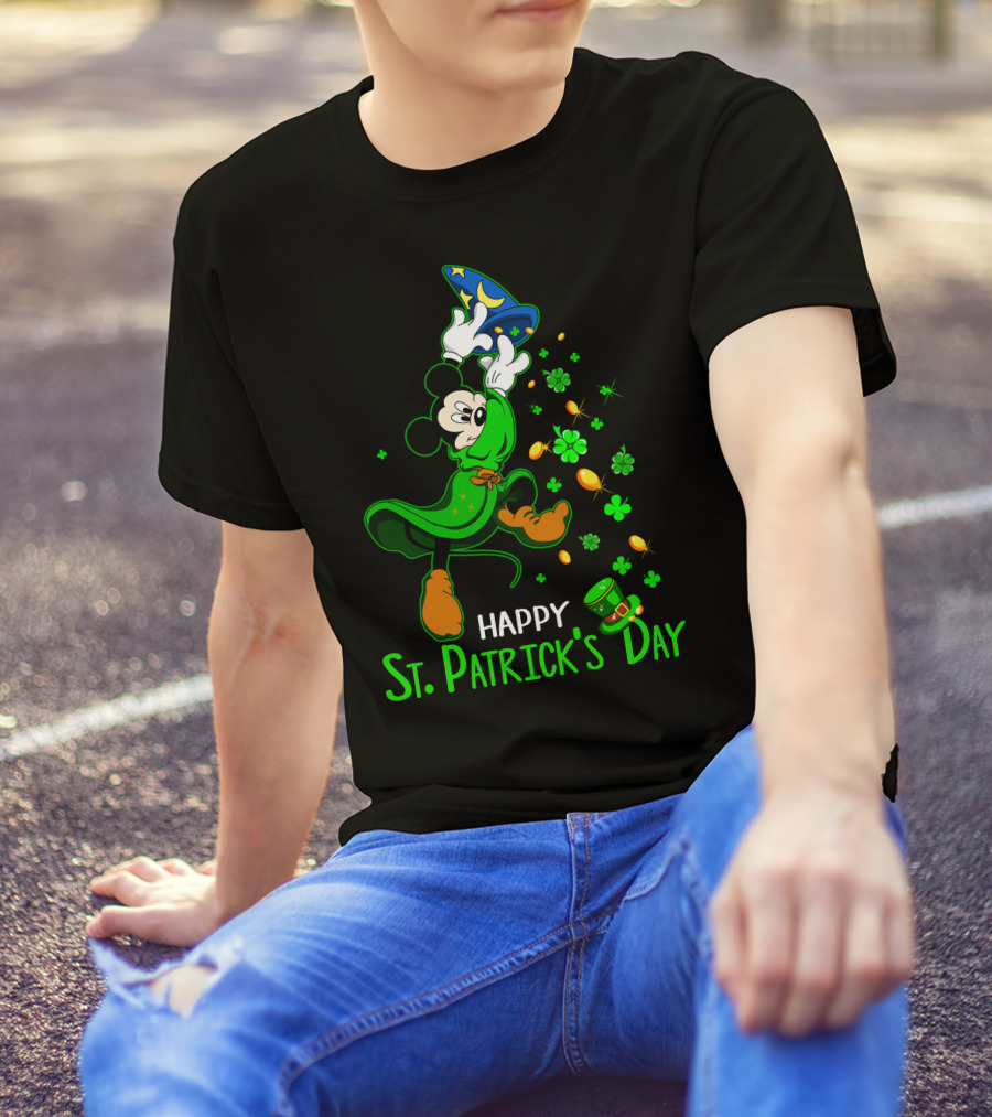 Happy St. Patrick's Day Fantasia Mickey With Shamrocks And Coins T-Shirt
