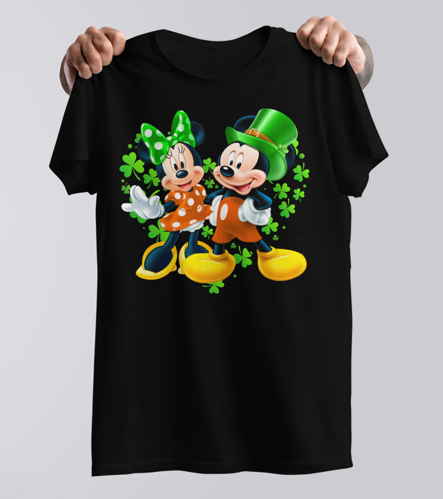 Mickey And Minnie With Shamrocks In Green And Orange Outfits T-Shirt