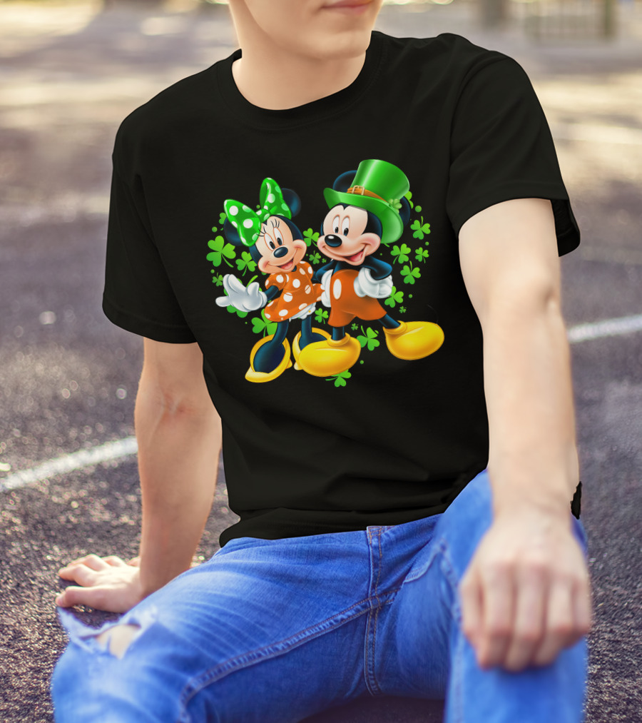 Mickey And Minnie With Shamrocks In Green And Orange Outfits T-Shirt