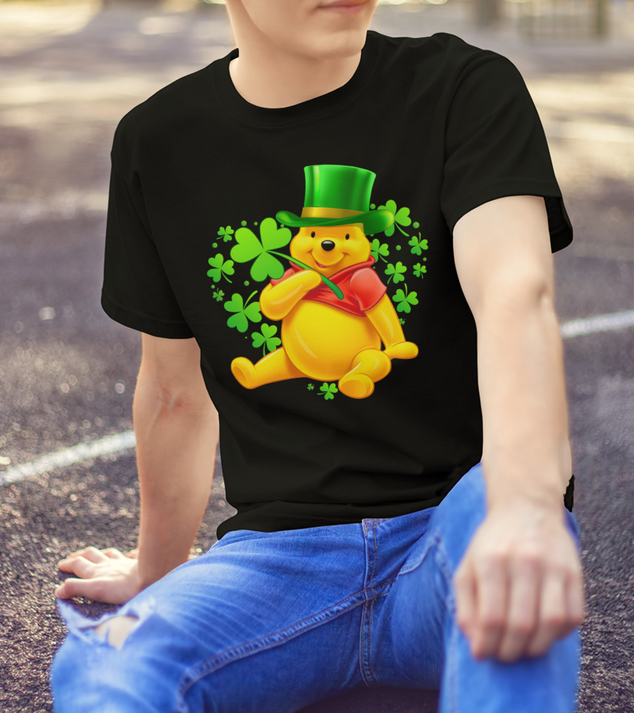Pooh Bear St. Patrick's Day With Shamrocks And Green Hat T-Shirt