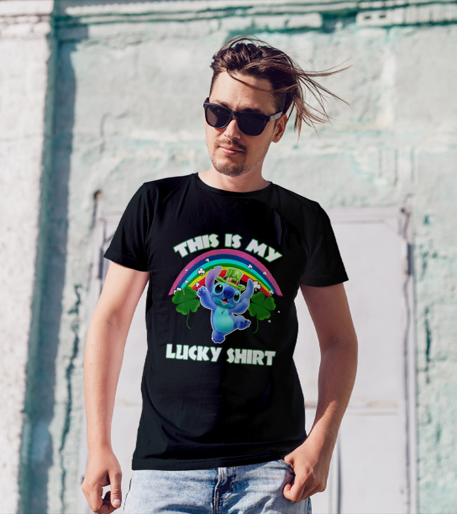 This Is My Lucky Shirt Stitch Leprechaun Clover Rainbow T-Shirt
