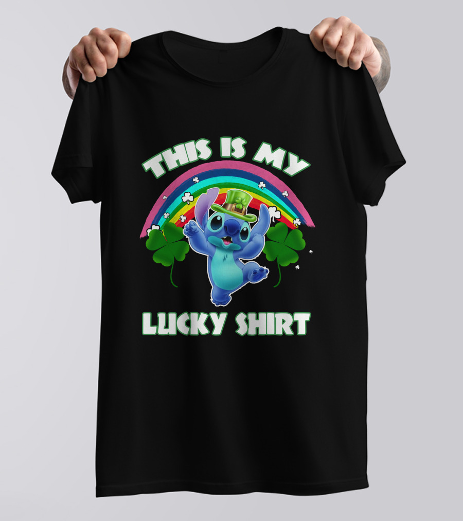 This Is My Lucky Shirt Stitch Leprechaun Clover Rainbow T-Shirt