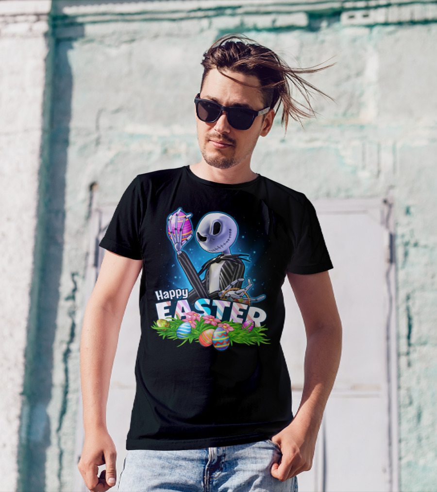 JACK SKELLINGTON Happy Easter With Colorful Eggs And Flowers T-Shirt