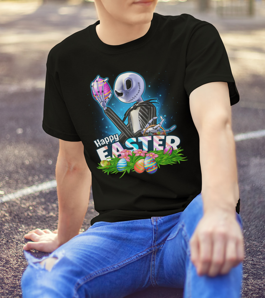 JACK SKELLINGTON Happy Easter With Colorful Eggs And Flowers T-Shirt