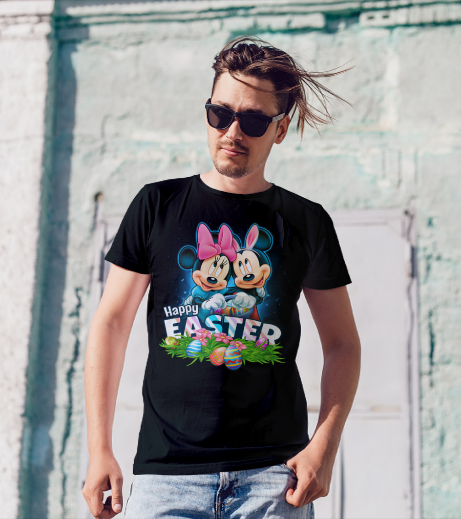 Mickey Minnie Happy Easter With Easter Eggs And Bows T-Shirt