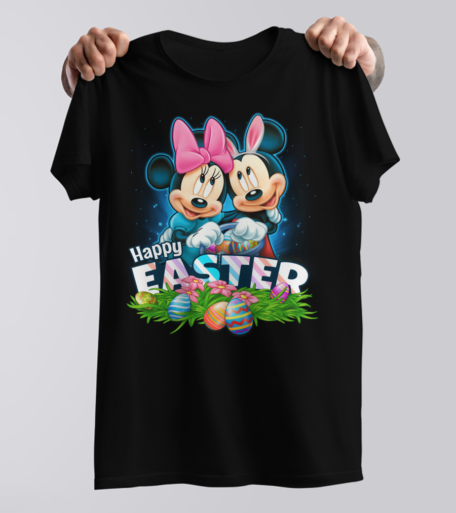 Mickey Minnie Happy Easter With Easter Eggs And Bows T-Shirt
