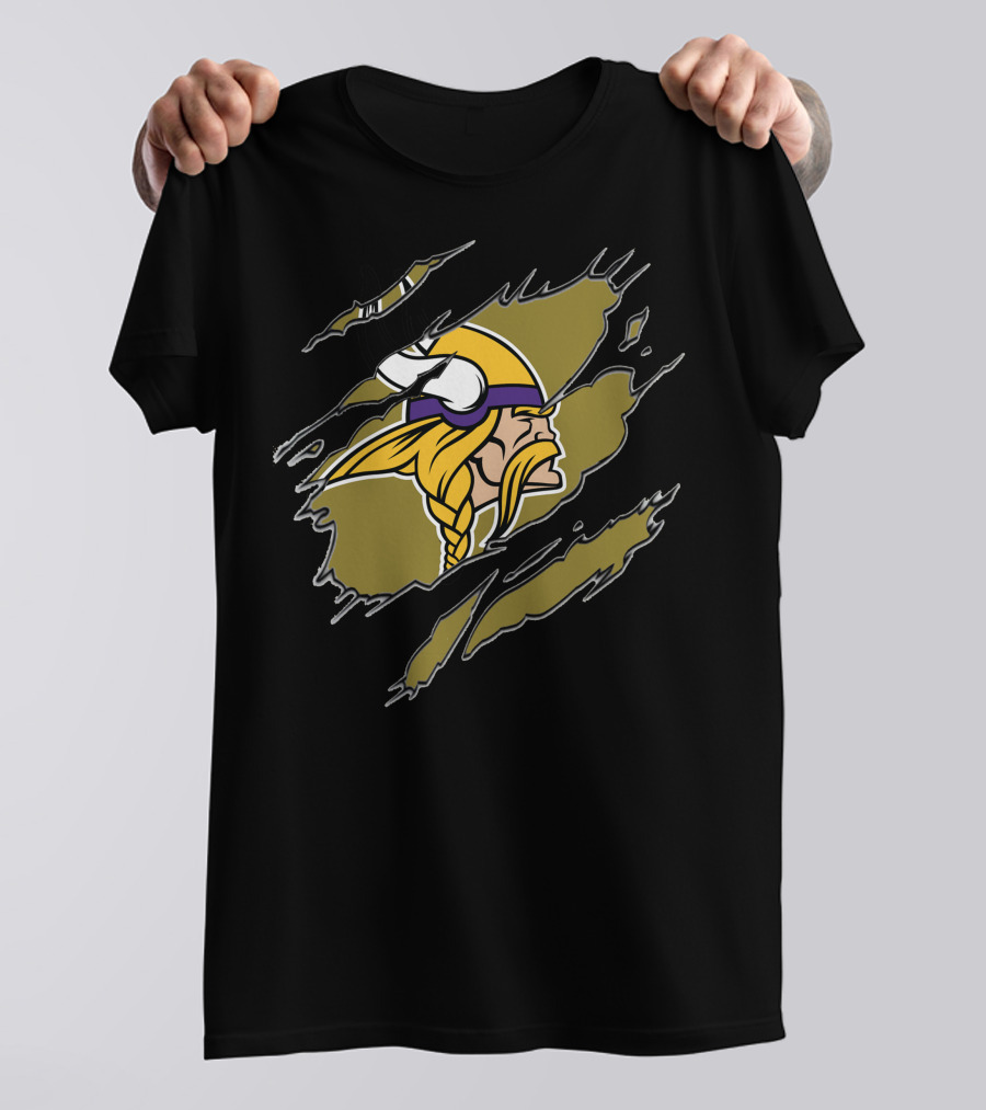 Minnesota Vikings Helmet And Warrior Tear Effect T-Shirt