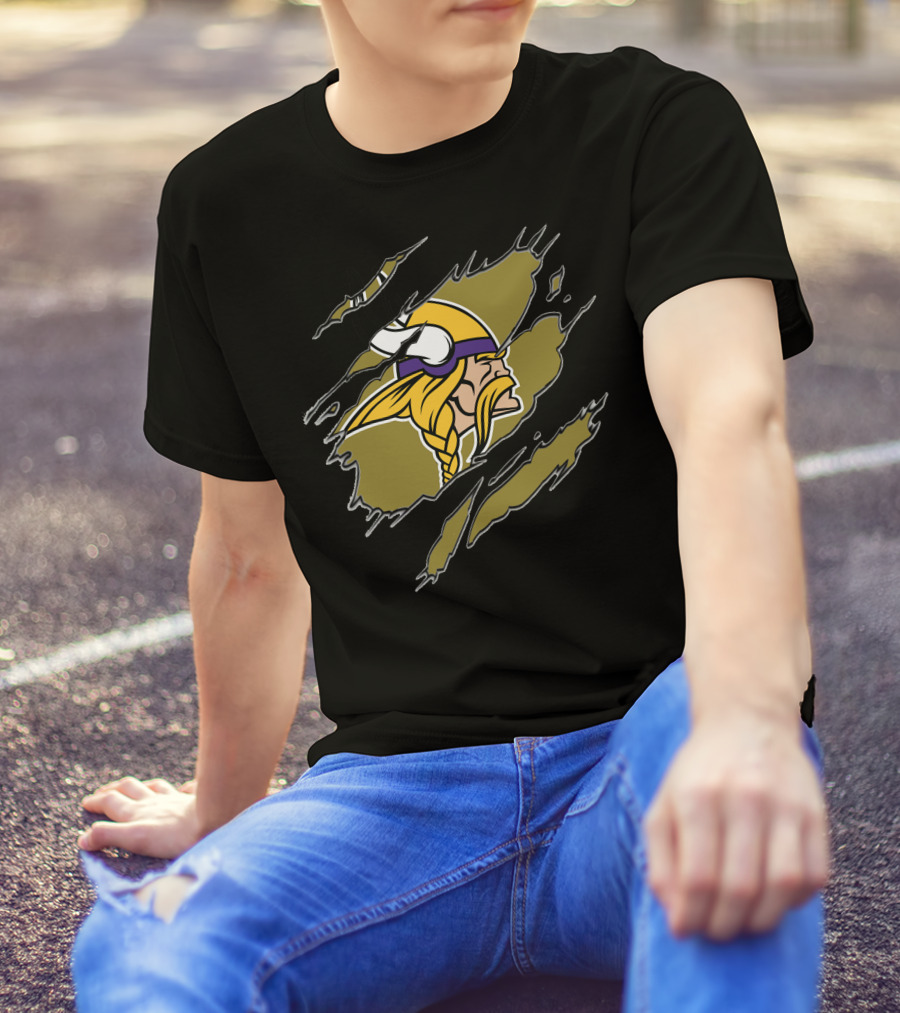Minnesota Vikings Helmet And Warrior Tear Effect T-Shirt