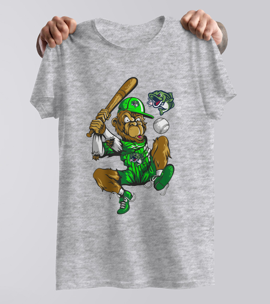 Gwinnett Stripers Baseball Bear Mascot Swinging Bat With Fish T-Shirt