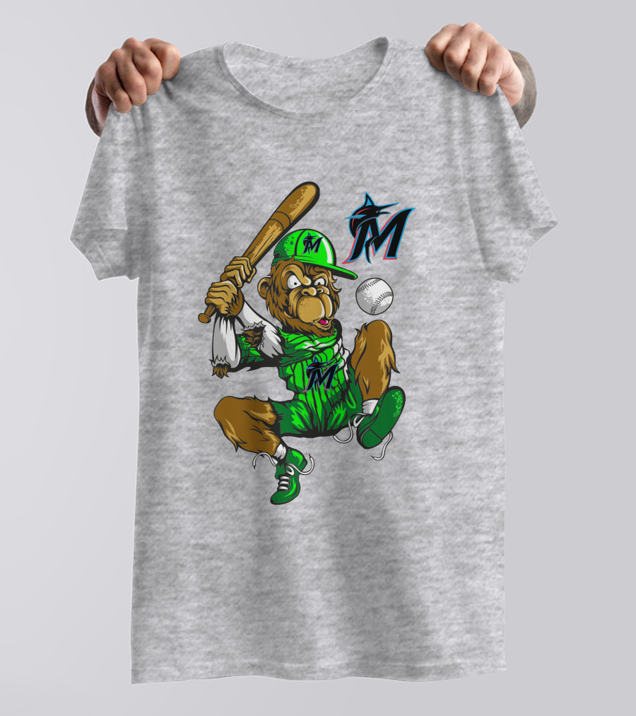 Miami Marlins Monkey Mascot Swinging At Baseball T-Shirt