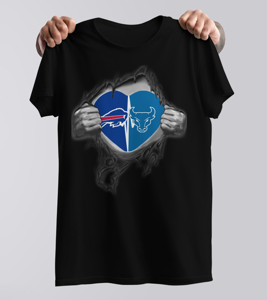 Buffalo Bills Buffalo Bulls Heart Logos Torn Fabric T-Shirt